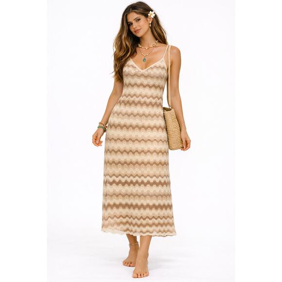Hollister Dresses & Skirts - Hollister Crochet Knit Neutral Chevron Boho Festival Midi Dress Size XS